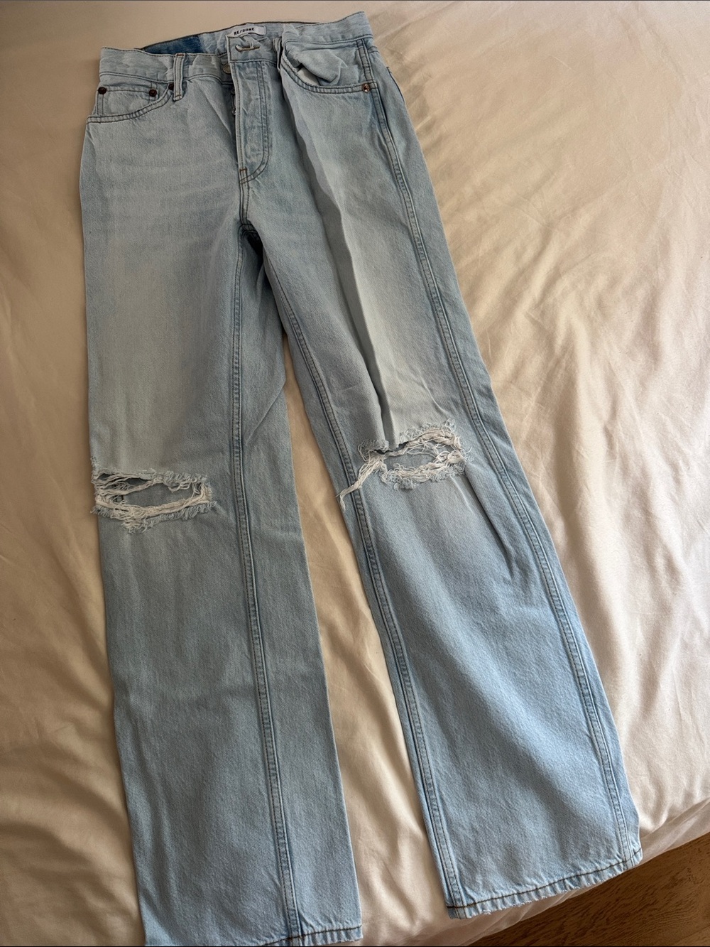 Re/Done Light Blue Distressed Wide-Leg Jeans